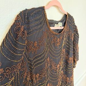 Papell Boutique Beaded Silk Top 3X Vintage Art Deco Evening Blouse Black Bronze